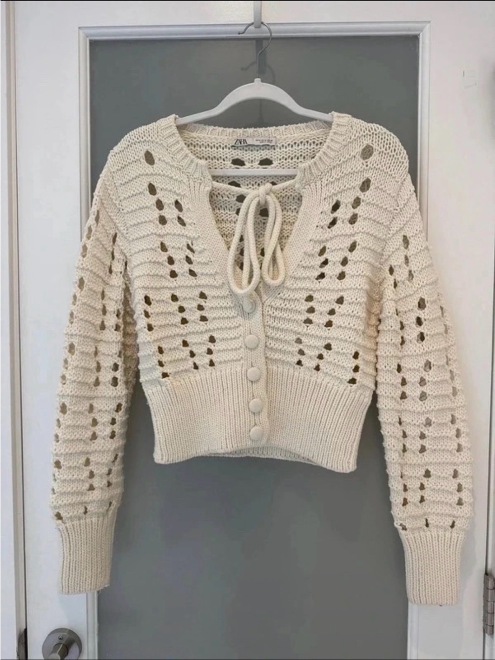 Zara Cream Crochet Tie-Front Button Cardigan
